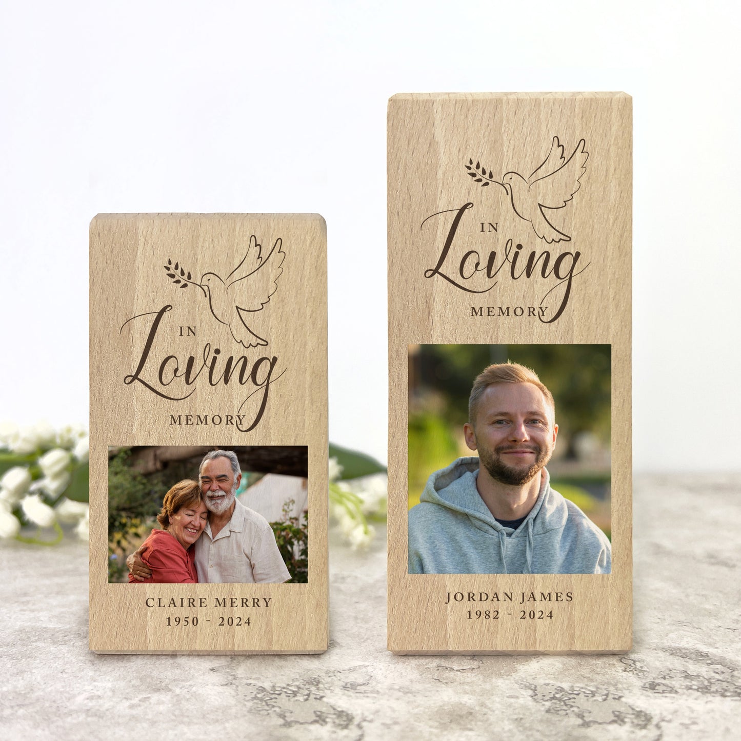 Personalised Memorial Dove Solid Wood Photo Tea Light Holder - 2 Sizes