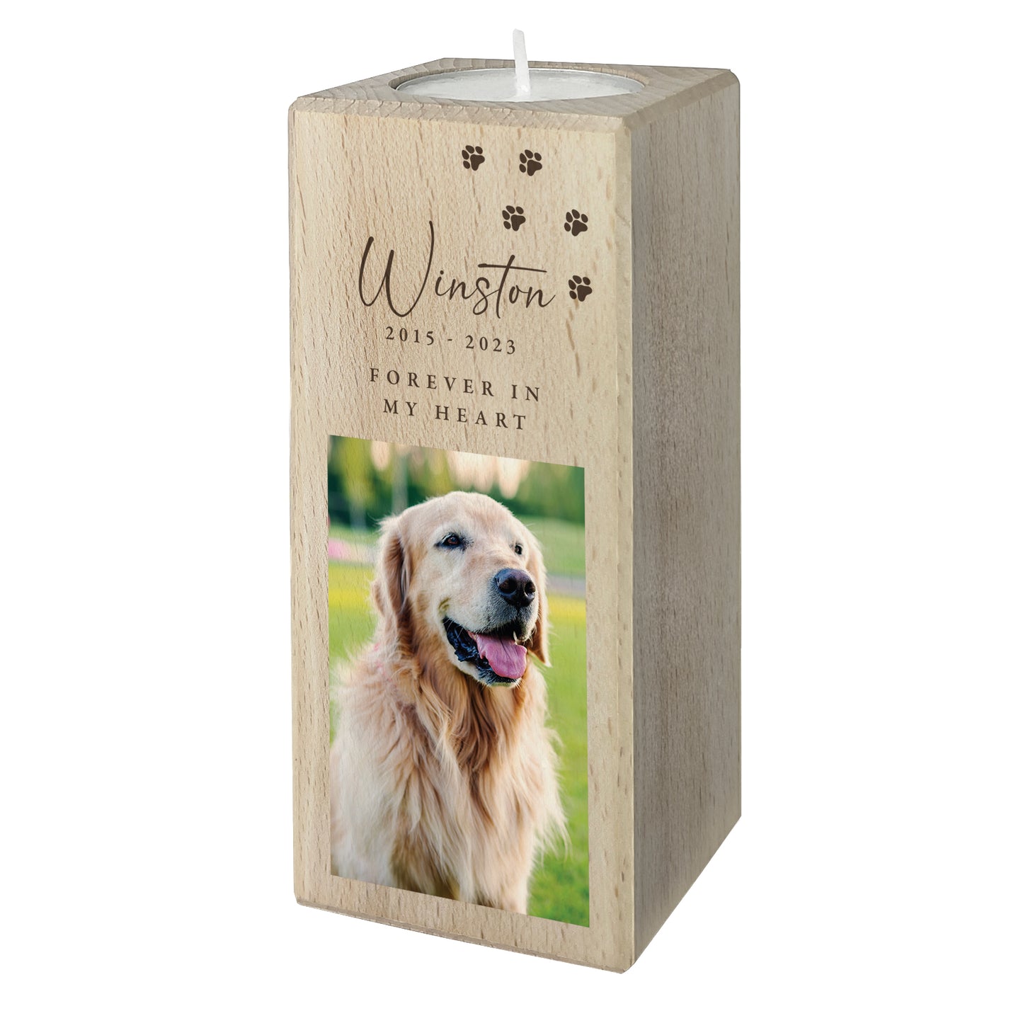 Personalised Solid Wooden Photo Pet Memorial Tea Light Holder - 2 Sizes