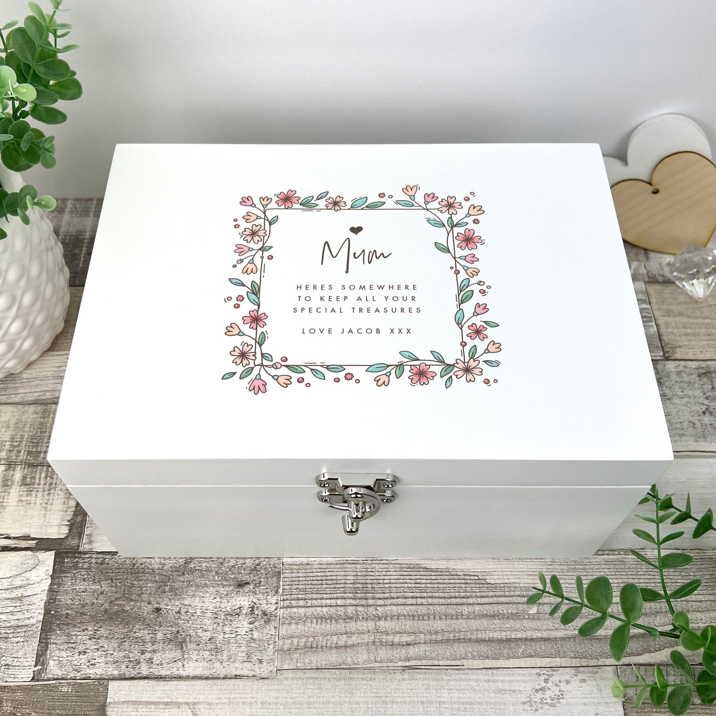 Personalised Any Message Flower Border White Luxury Memory Box - 3 Sizes (22cm | 27cm | 30cm)