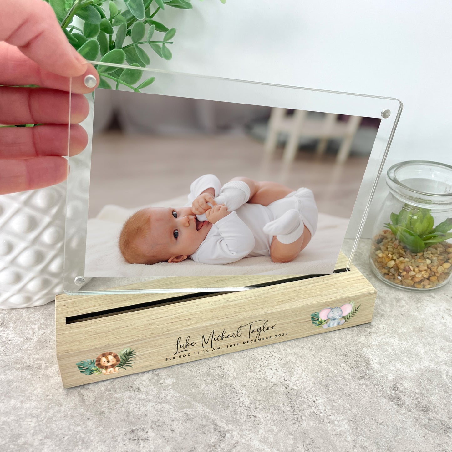 Personalised Jungle Animals New Baby Wooden Base 6x4" Photo Frame