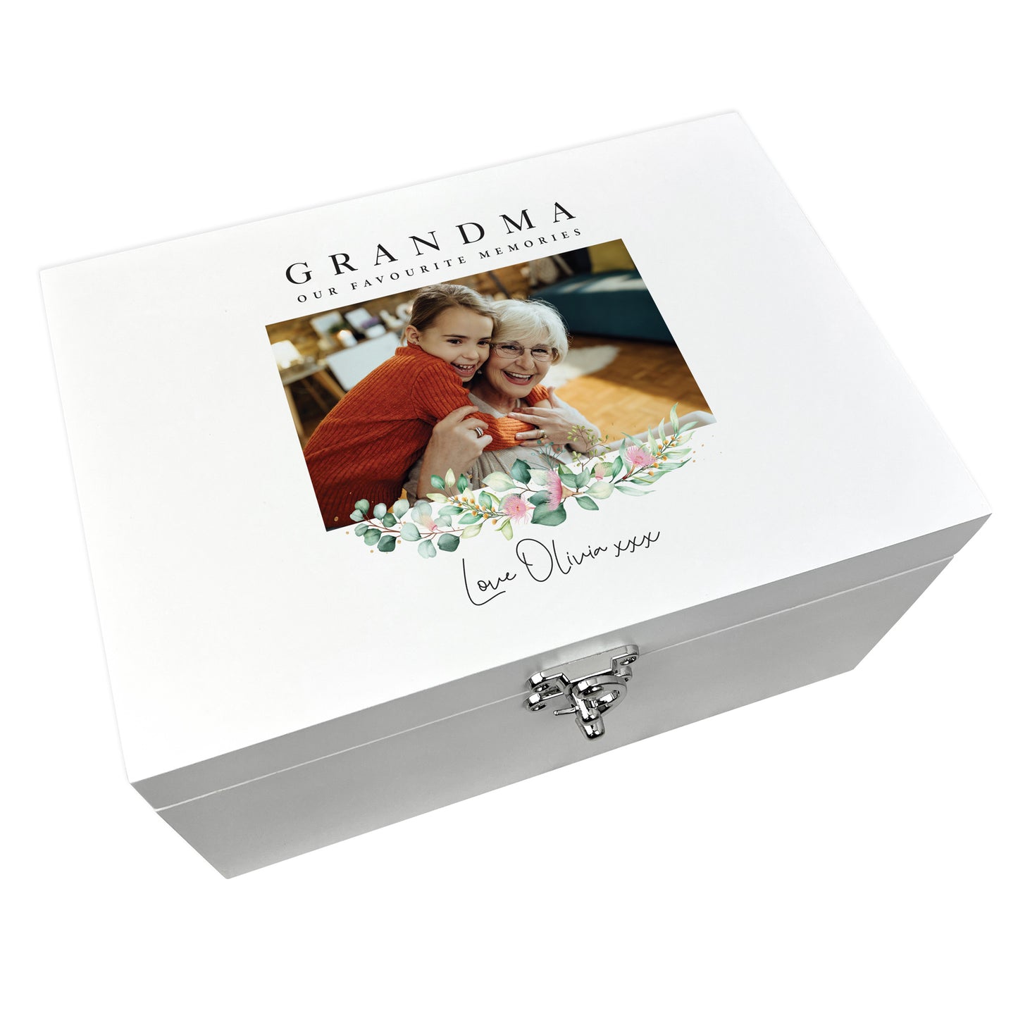 Personalised Floral Photo White Wooden Luxury Memory Box - 3 Sizes (22cm | 27cm | 30cm)