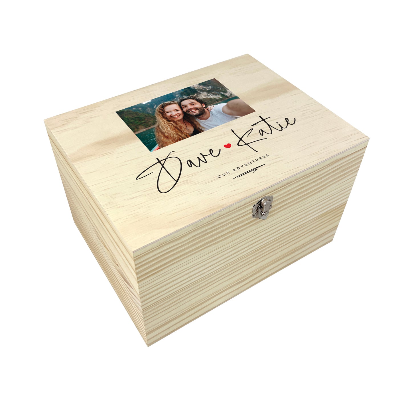 Personalised Couples Names Pine Photo Keepsake Memory Box - 5 Sizes (16cm | 20cm | 26cm | 30cm | 36cm)