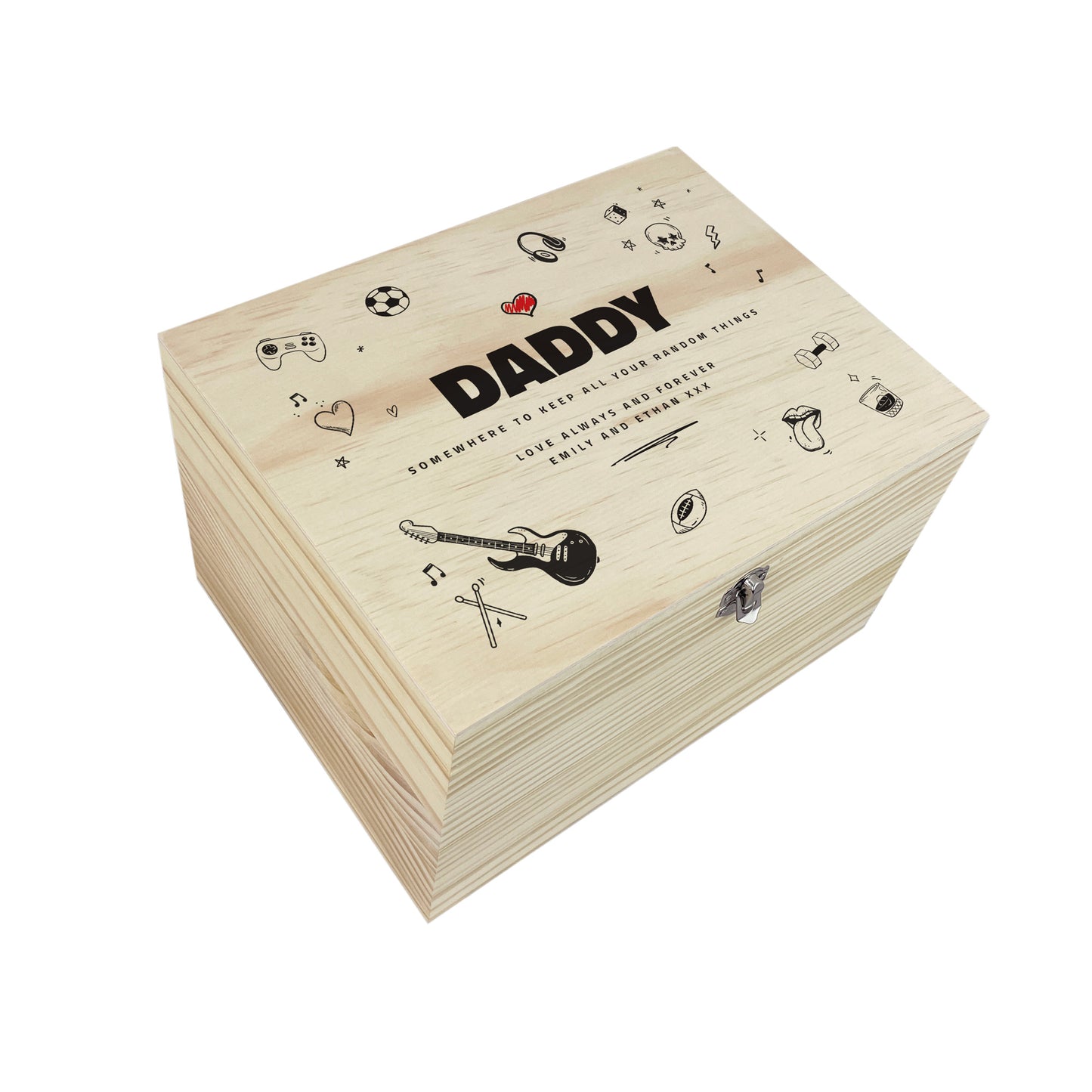 Personalised Father's Day Doodle Sketch Design Pine Memory Box - 5 Sizes (16cm | 20cm | 26cm | 30cm | 36cm)
