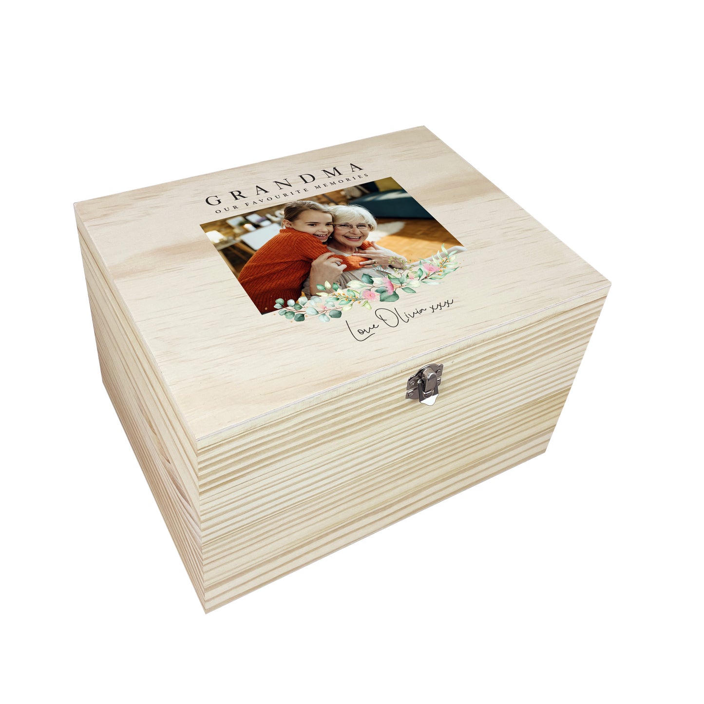 Personalised Floral Pine Photo Memory Box - 5 Sizes (16cm | 20cm | 26cm | 30cm | 36cm)