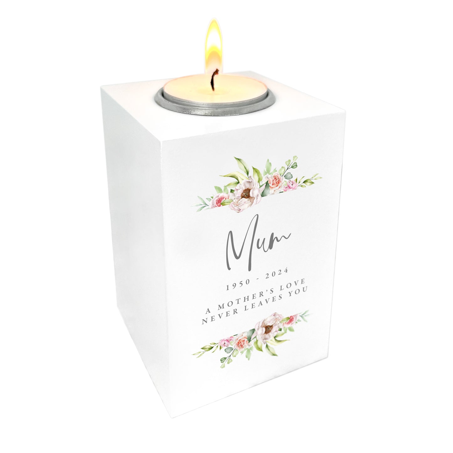 Personalised Any Message Pink Floral White Wooden Tea Light Holder