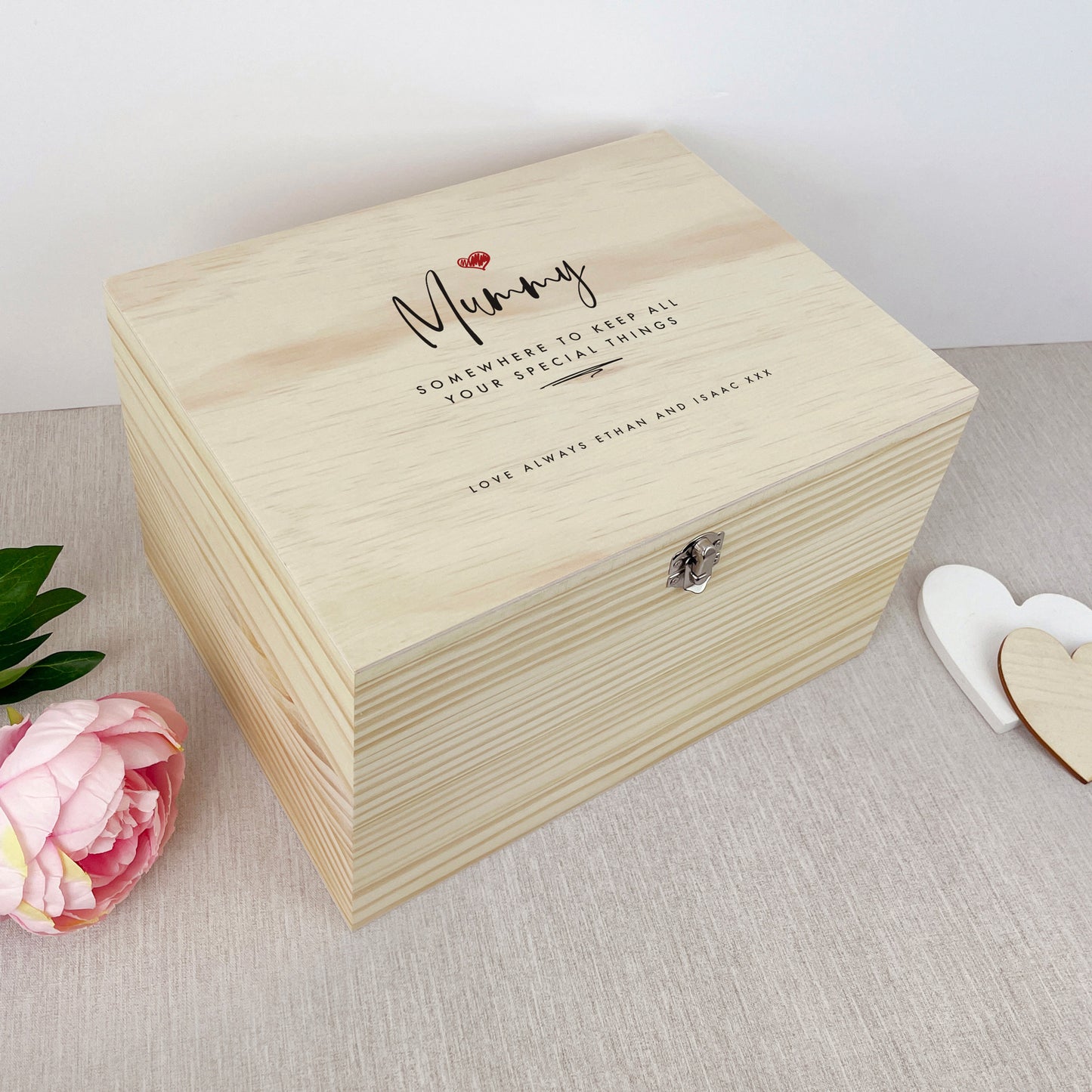 Personalised Any Name/Message Red Heart Wooden Pine Memory Box - 5 Sizes (16cm | 20cm | 26cm | 30cm | 36cm)