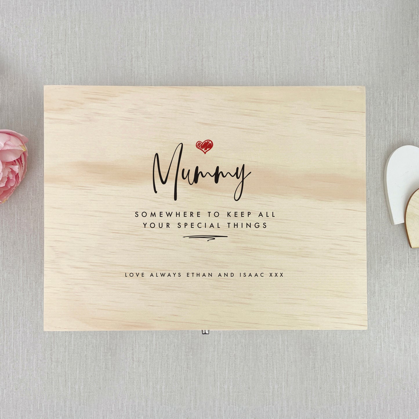Personalised Any Name/Message Red Heart Wooden Pine Memory Box - 5 Sizes (16cm | 20cm | 26cm | 30cm | 36cm)