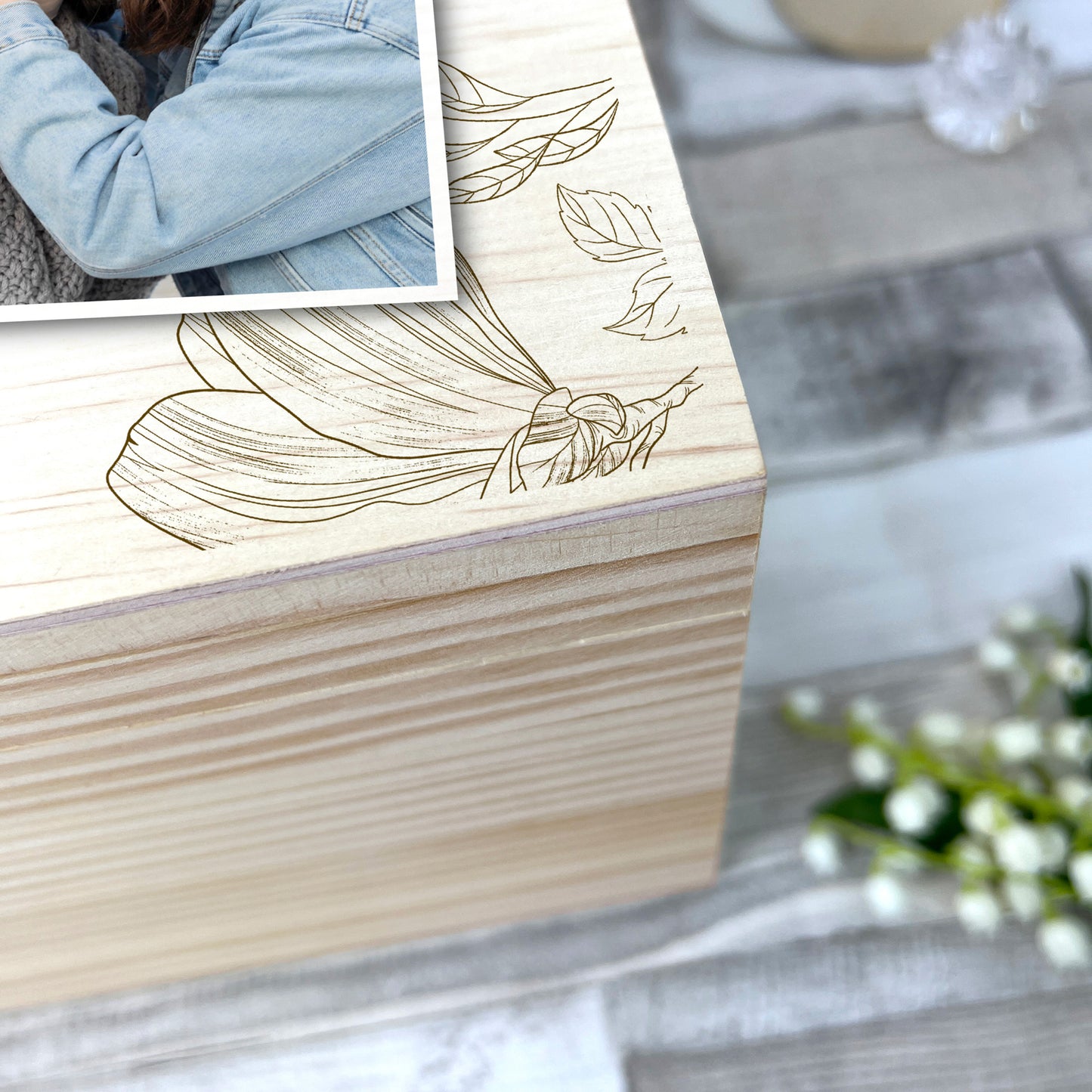 Personalised Floral Pine Wooden Memorial Photo Keepsake Memory Box - 5 Sizes (16cm | 20cm | 26cm | 30cm | 36cm)