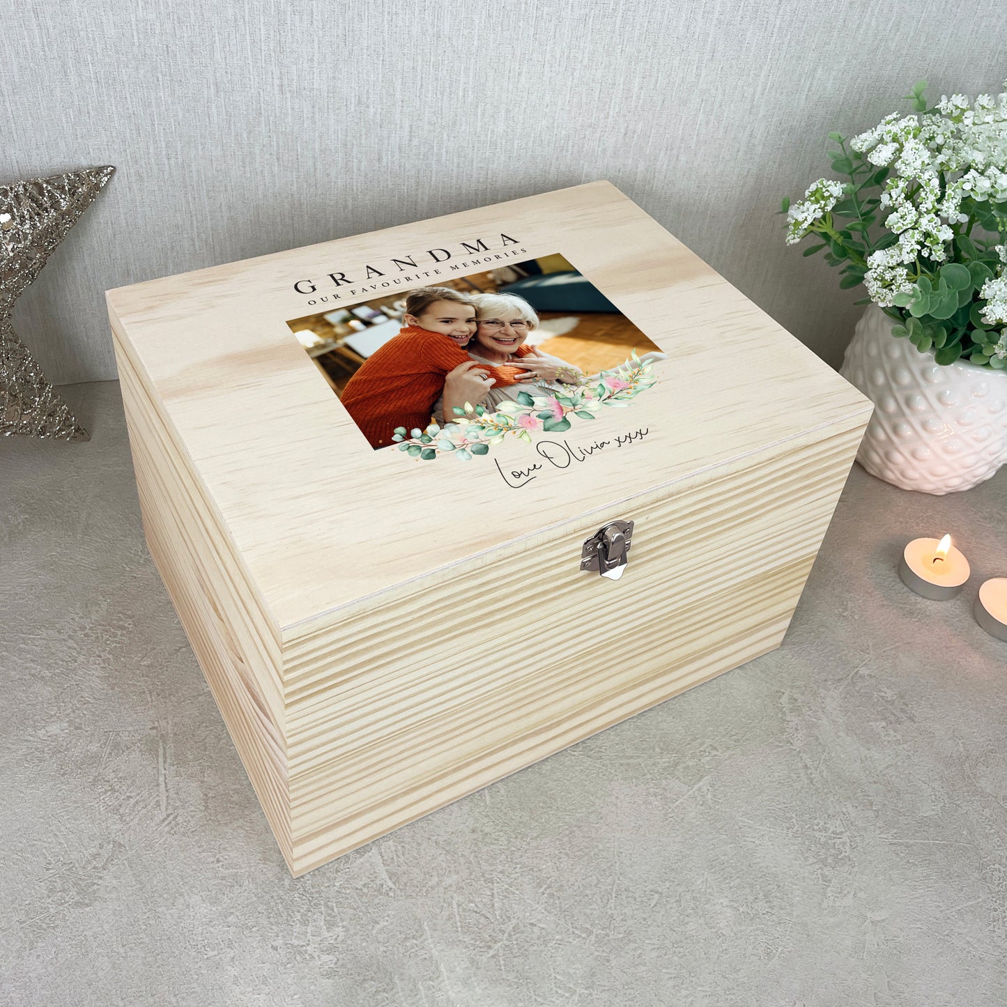 Personalised Floral Pine Photo Memory Box - 5 Sizes (16cm | 20cm | 26cm | 30cm | 36cm)