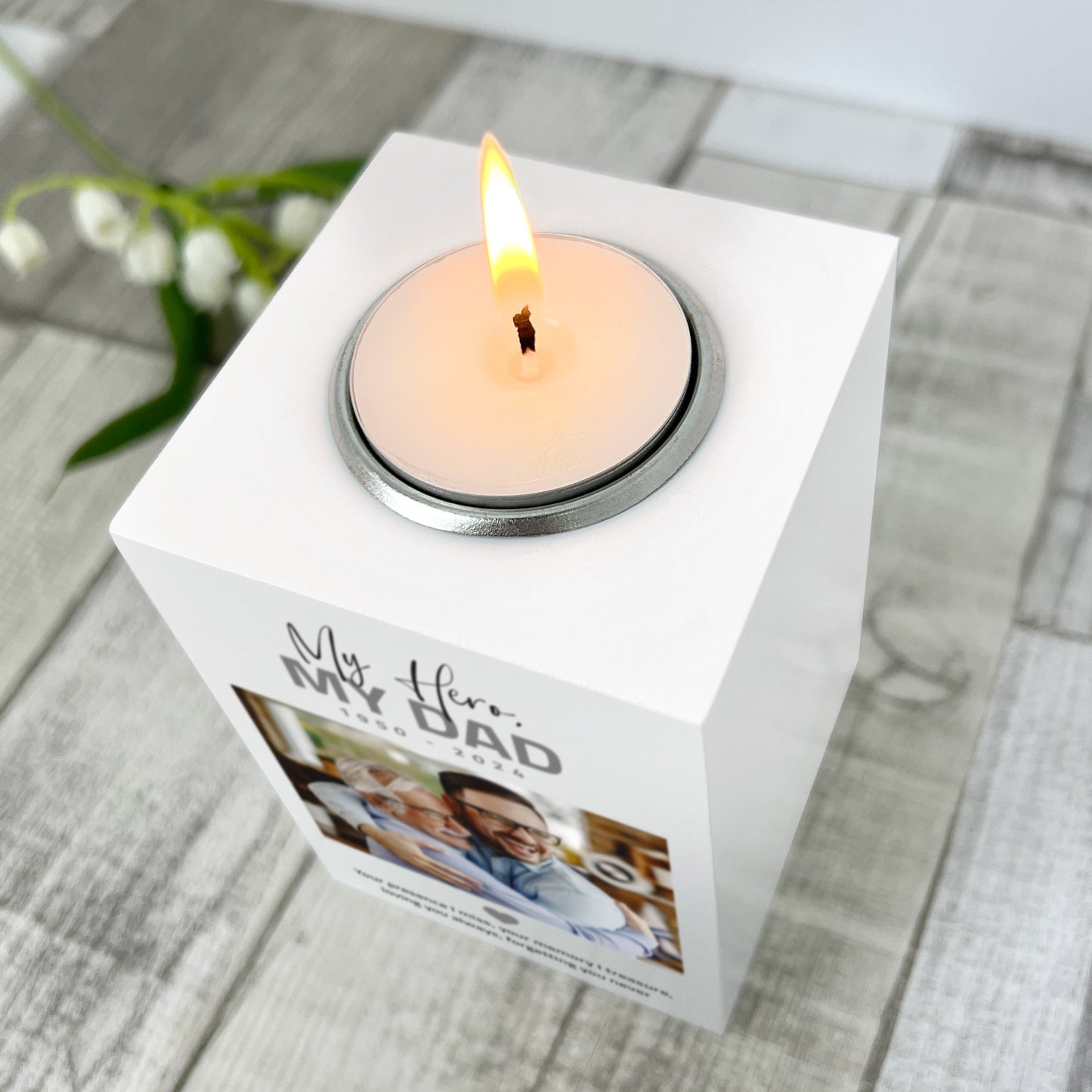 Personalised Memorial Bold Text White Wooden Photo Tea Light Holder