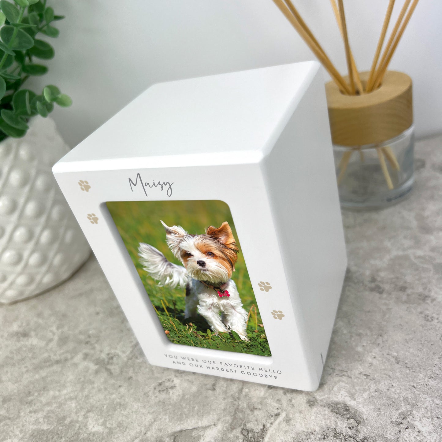 Personalised Neutral Paw Prints Cremation Urn For Pets Ashes Holds 9.5cm x 6cm Photo Portrait | 0.51 Litres