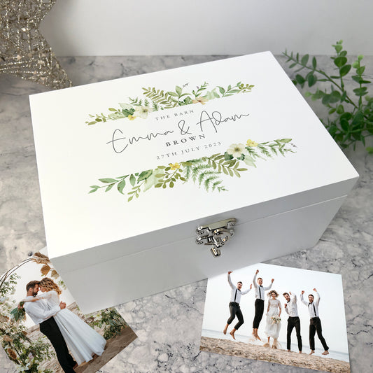 Personalised Luxury White Wooden Yellow & Green Floral Wedding Keepsake Memory Box - 3 Sizes (22cm | 27cm | 30cm)
