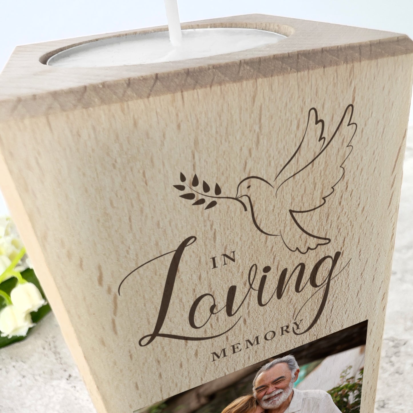 Personalised Memorial Dove Solid Wood Photo Tea Light Holder - 2 Sizes