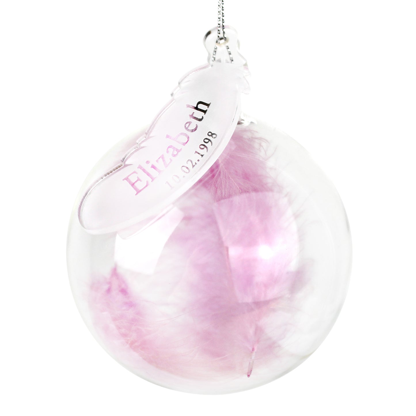 Personalised Pink Feather Name & Date Glass Bauble