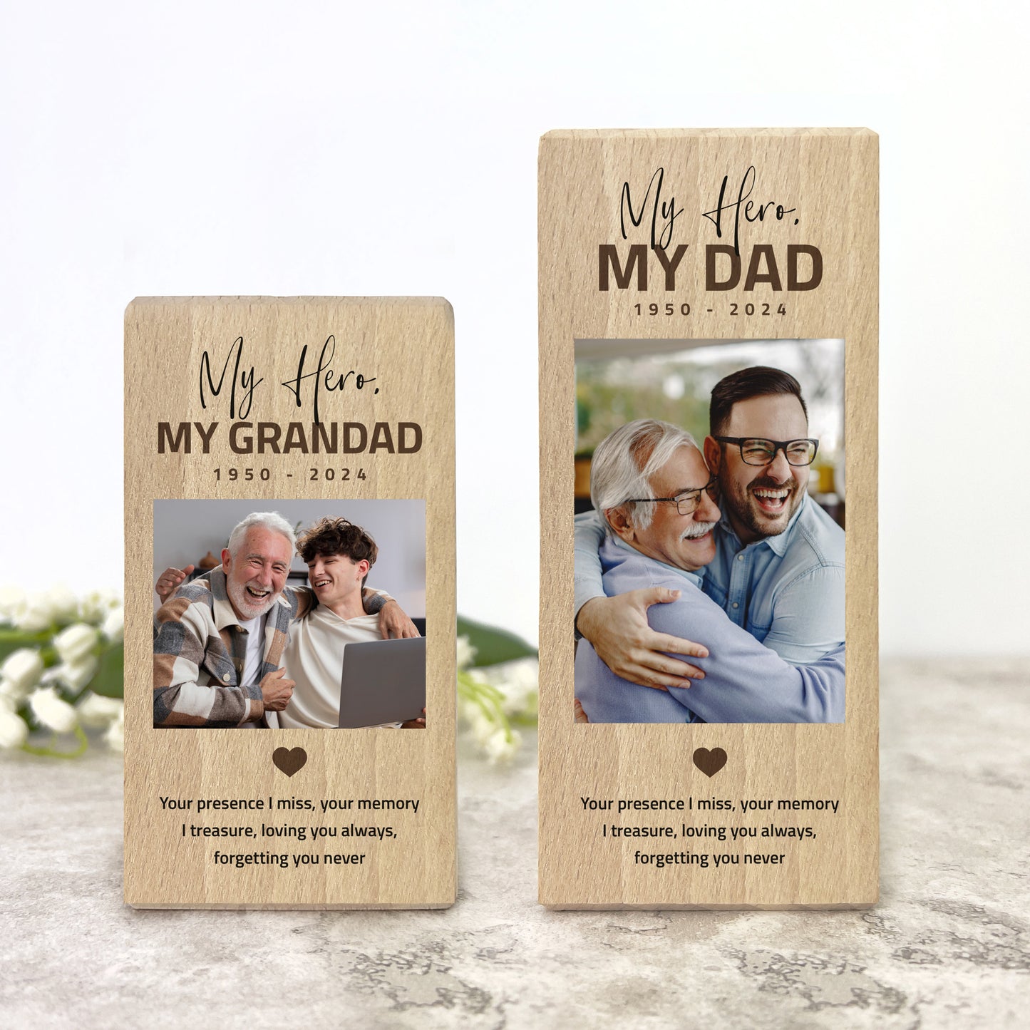 Personalised Memorial Bold Text Solid Wood Photo Tea Light Holder - 2 Sizes