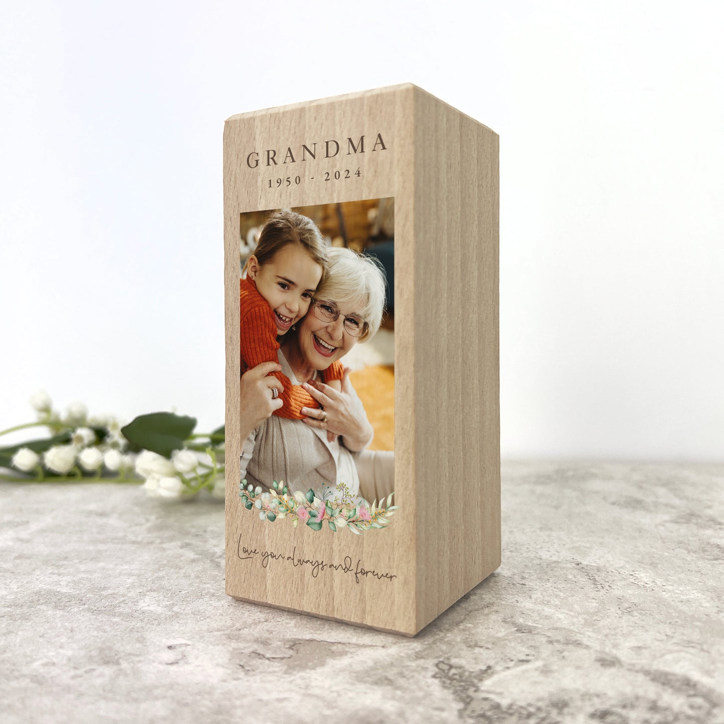Personalised Memorial Floral Solid Wood Tea Light Holder - 2 Sizes