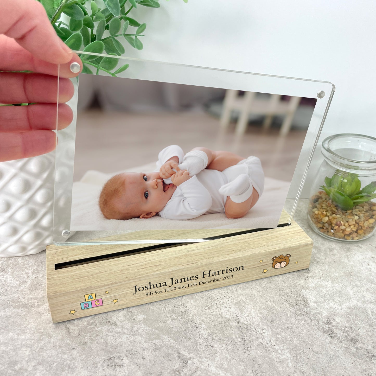 Personalised New Baby Toys Wooden Base 6x4" Photo Frame
