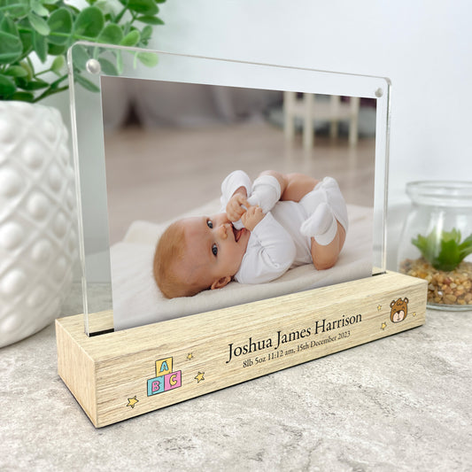 Personalised New Baby Toys Wooden Base 6x4" Photo Frame