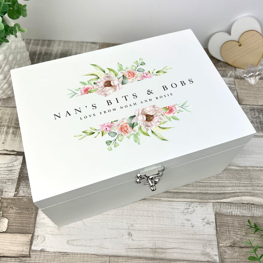 Personalised Any Message Pink Florals White Luxury Memory Box - 3 Sizes (22cm | 27cm | 30cm)