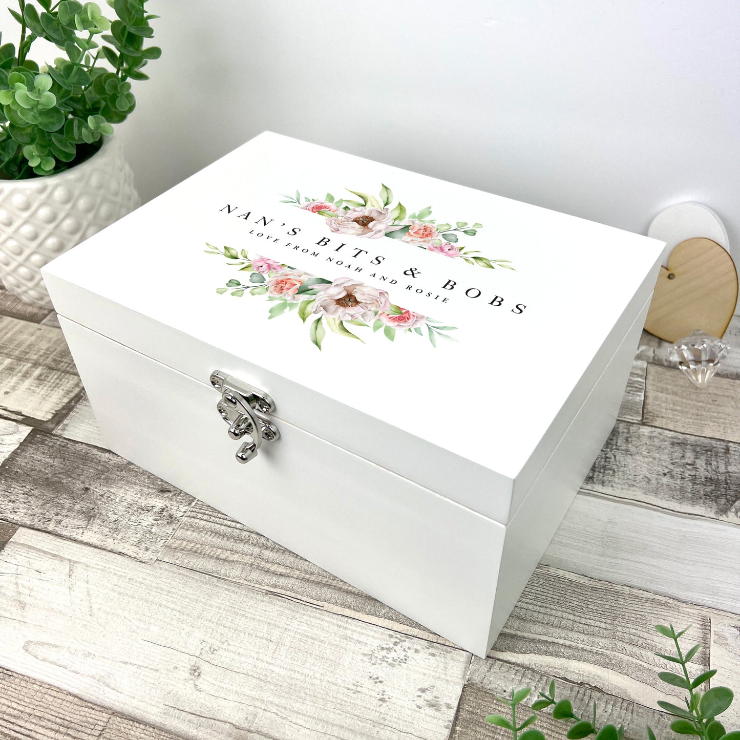 Personalised Any Message Pink Florals White Luxury Memory Box - 3 Sizes (22cm | 27cm | 30cm)