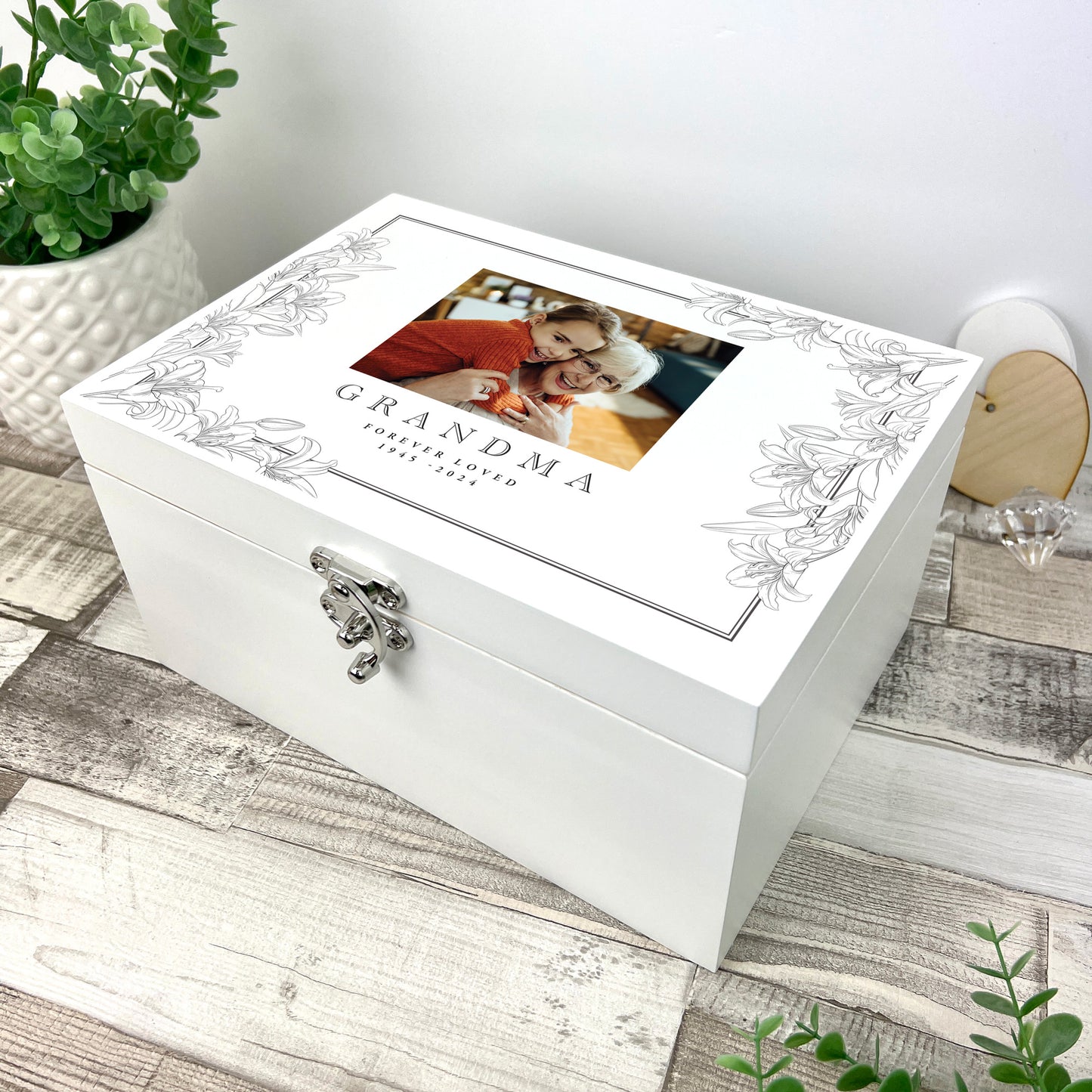 Personalised Lily Photo White Luxury Memory Box - 3 Sizes (22cm | 27cm | 30cm)