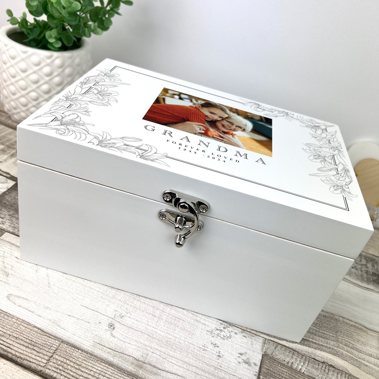 Personalised Lily Photo White Luxury Memory Box - 3 Sizes (22cm | 27cm | 30cm)