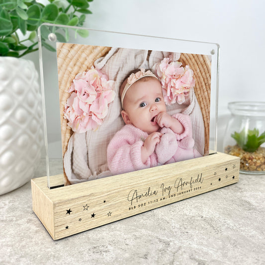 Personalised Baby Stars Wooden Base 6x4" Photo Frame