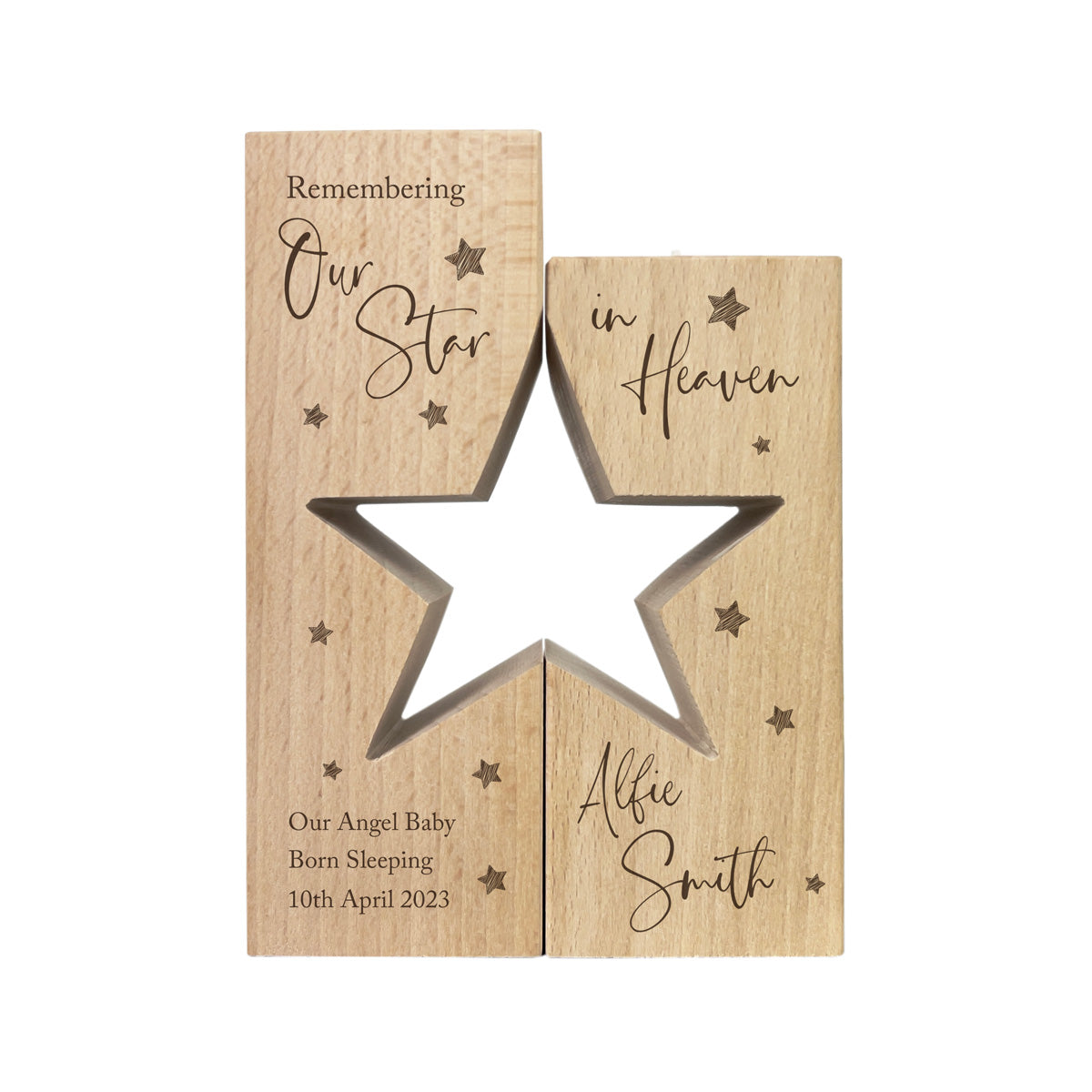 Personalised Solid Wooden Angel Baby Memorial Star Tea Light Holders