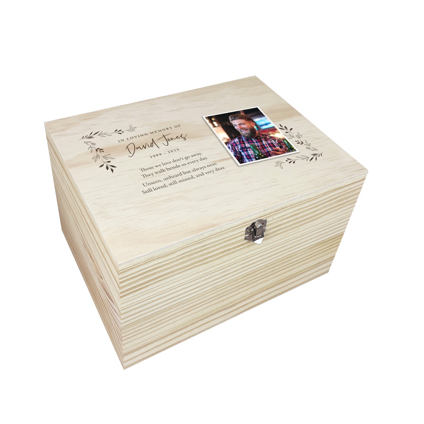 Personalised Pine Wooden One Photo Keepsake Memory Box - 4 Sizes (20cm | 26cm | 30cm | 36cm)