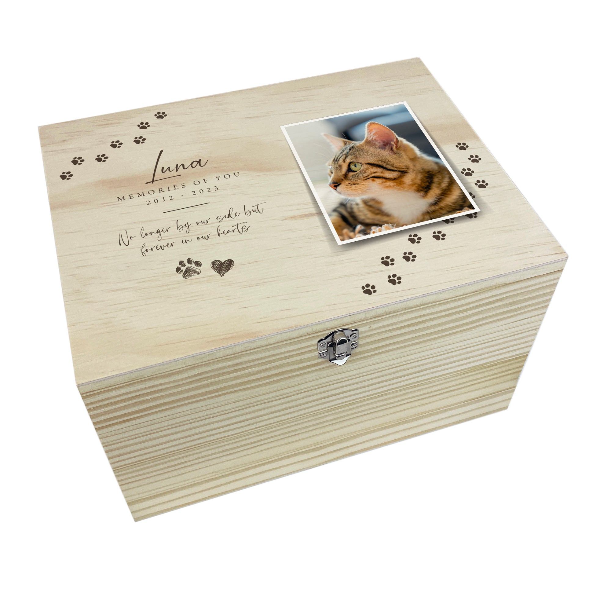 Personalised Paw Prints Pine Wooden Pet Memorial Photo Memory Box 5 Sizes 16cm 20cm 26cm 30cm 36cm