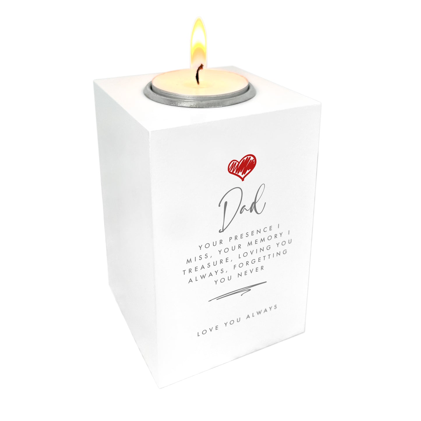 Personalised Any Message Red Heart White Wooden Tea Light Holder