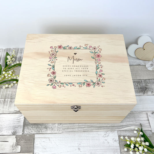Personalised Any Message Flower Border Pine Memory Box - 4 Sizes (20cm | 26cm | 30cm | 36cm)