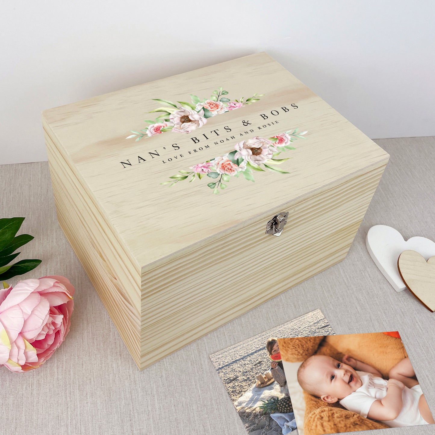 Personalised Any Message Pink Floral Wooden Pine Memory Box - 4 Sizes (20cm | 26cm | 30cm | 36cm)