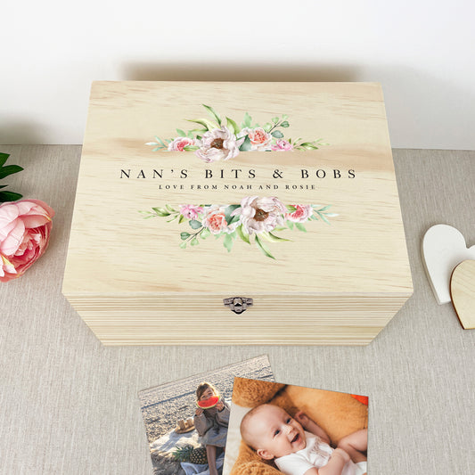 Personalised Any Message Pink Floral Wooden Pine Memory Box - 5 Sizes (16cm | 20cm | 26cm | 30cm | 36cm)