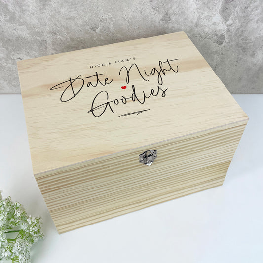 Personalised Couples 'Date Night Goodies' Pine Box - 5 Sizes (16cm | 20cm | 26cm | 30cm | 36cm)