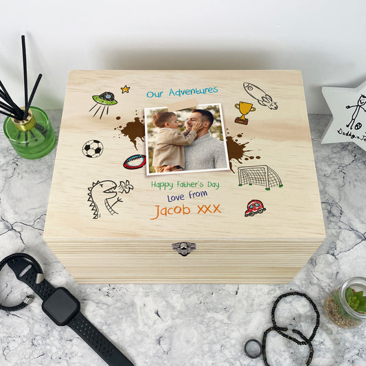 Personalised 'Our Adventures' Kids Doodles Pine Memory Box - 5 Sizes (16cm | 20cm | 26cm | 30cm | 36cm)