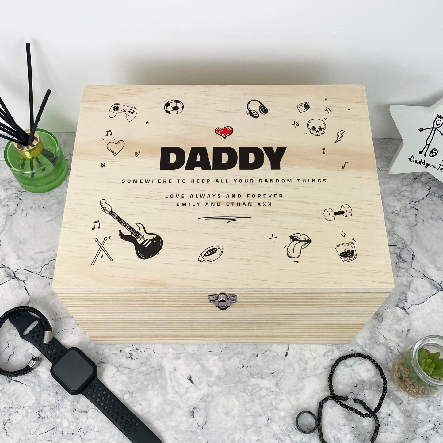 Personalised Father's Day Doodle Sketch Design Pine Memory Box - 4 Sizes (20cm | 26cm | 30cm | 36cm)