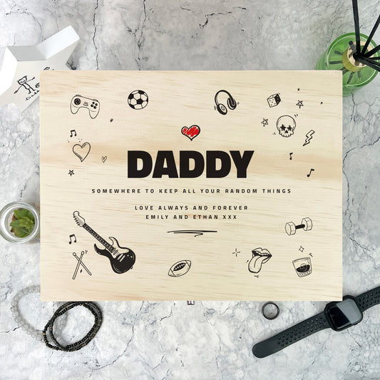 Personalised Father's Day Doodle Sketch Design Pine Memory Box - 5 Sizes (16cm | 20cm | 26cm | 30cm | 36cm)