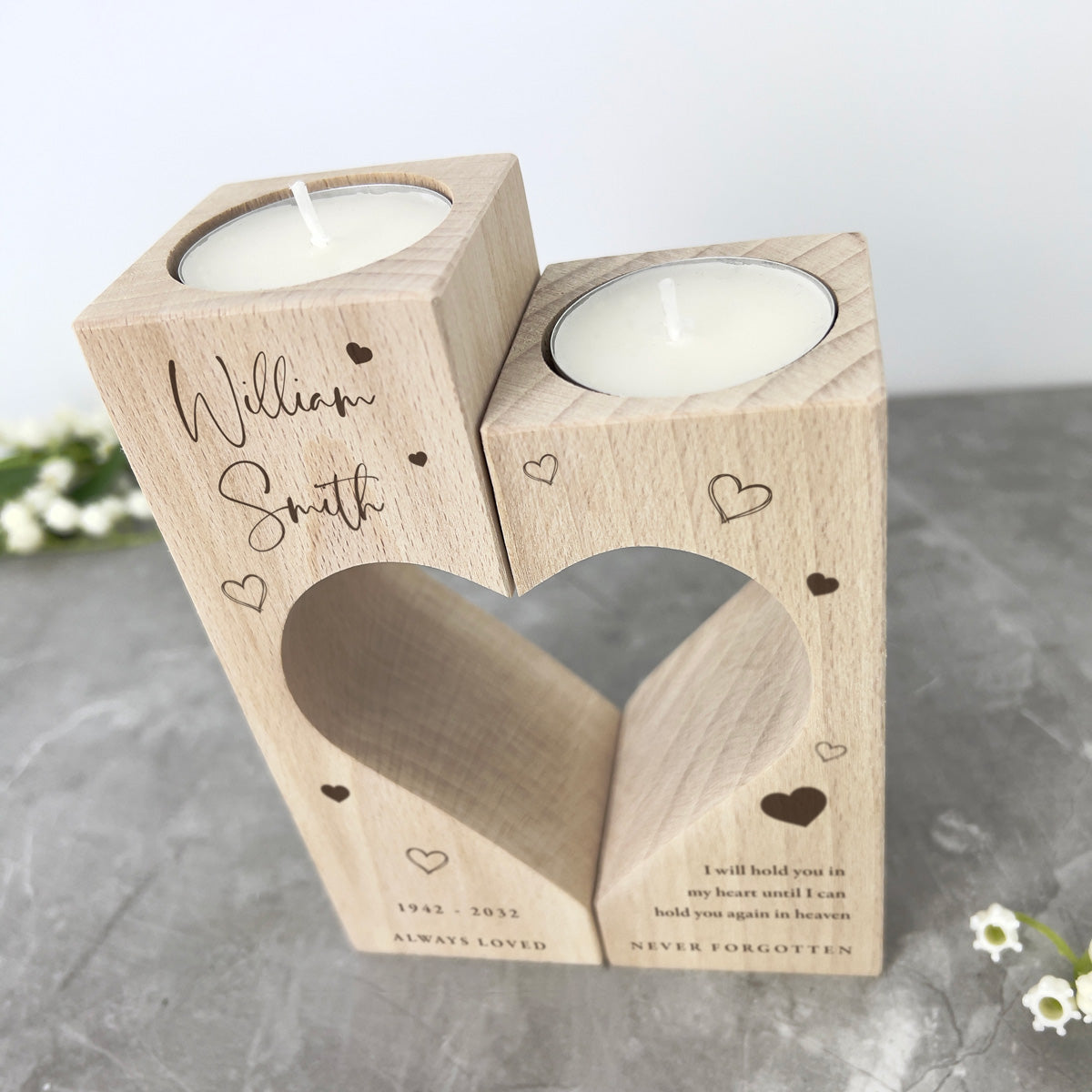 Personalised Solid Wooden Memorial Heart Tea Light Holders