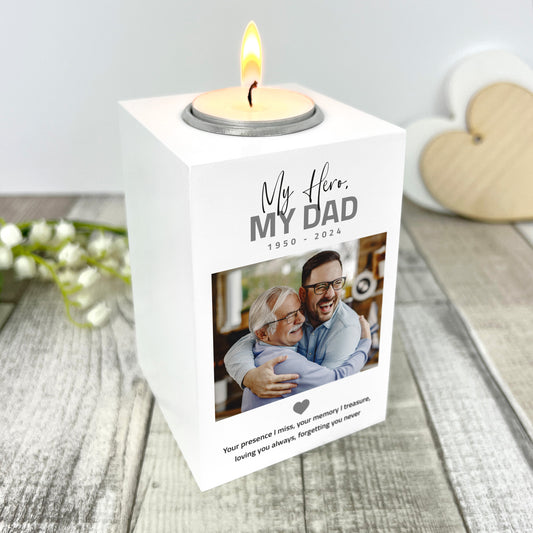 Personalised Memorial Bold Text White Wooden Photo Tea Light Holder