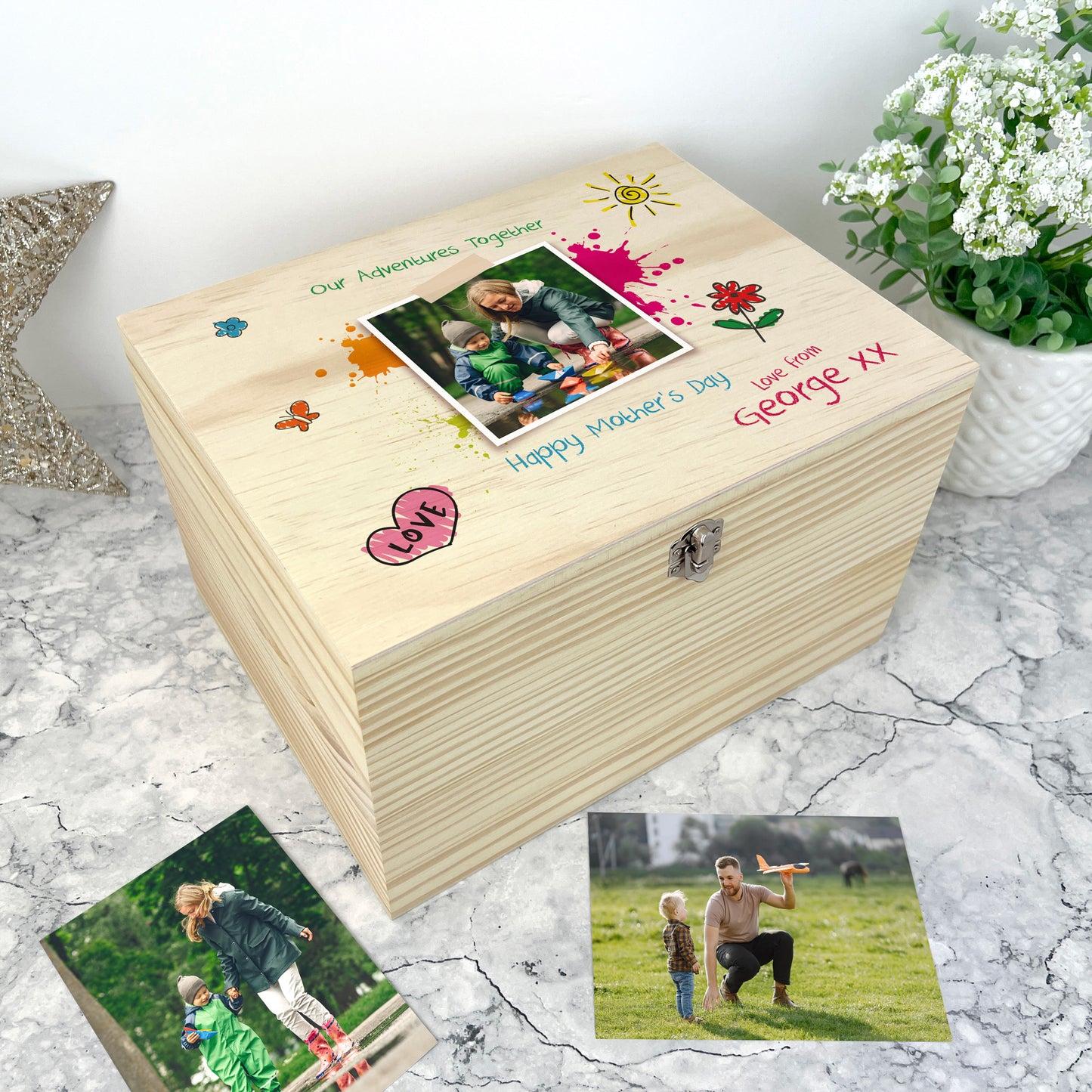 Personalised 'Our Adventures Together' Pine Wooden Memory Box From The Kids/Grandkids - 4 Sizes (20cm | 26cm | 30cm | 36cm)