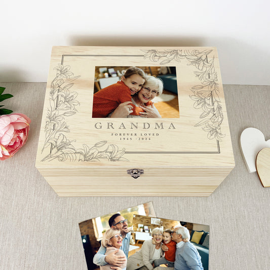 Personalised Pine Lily Photo Memory Box - 5 Sizes (16cm | 20cm | 26cm | 30cm | 36cm)