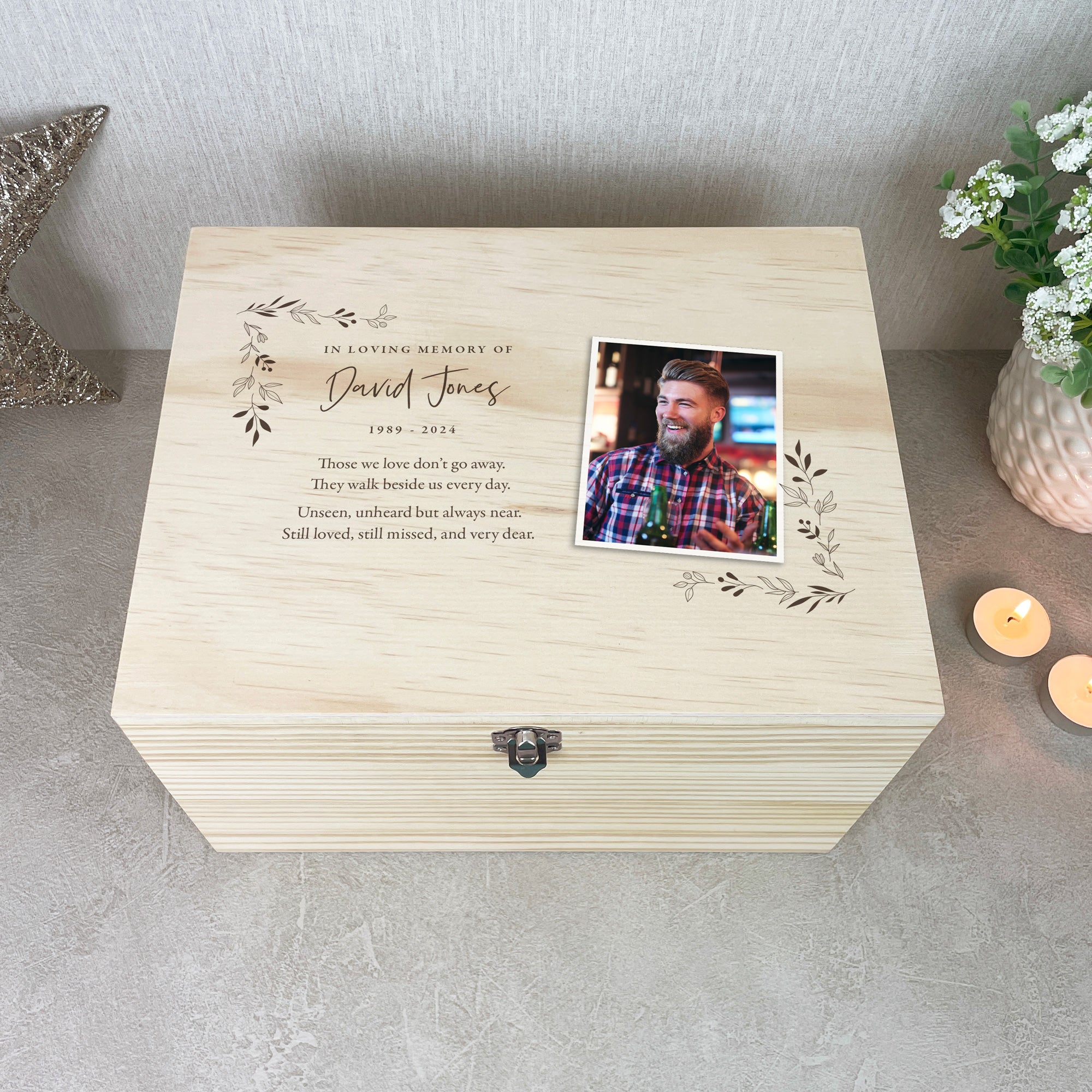 Personalised Pine Wooden One Photo Keepsake Memory Box 5 Sizes 16cm 20cm 26cm 30cm 36cm