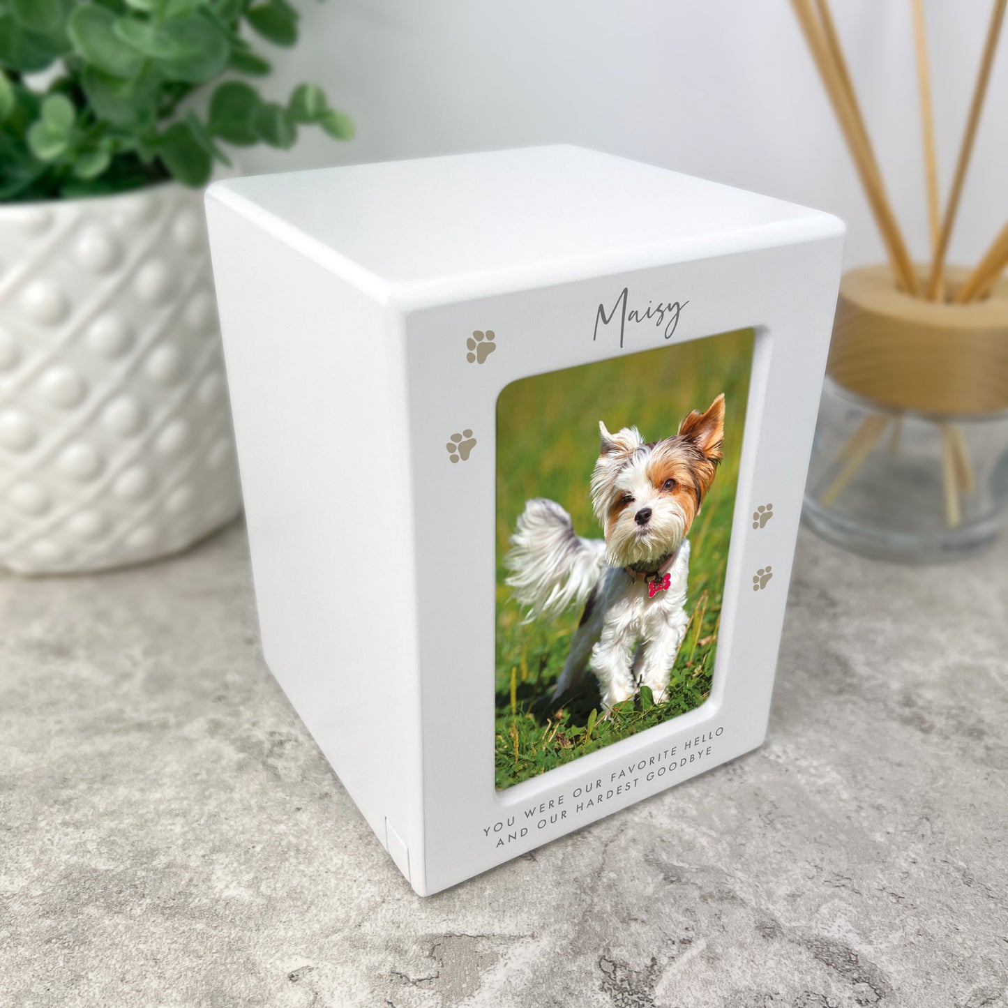 Personalised Neutral Paw Prints Cremation Urn For Pets Ashes Holds 9.5cm x 6cm Photo Landscape | 0.51 Litres