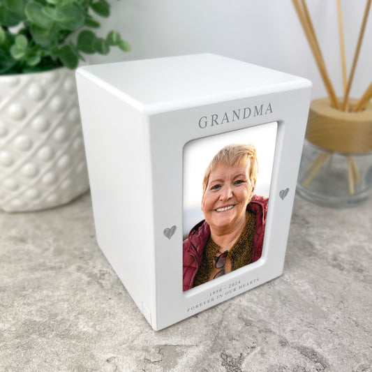 Personalised Hearts Cremation Urn For Ashes Holds 9.5cm x 6cm Photo Portrait | 0.51 Litres