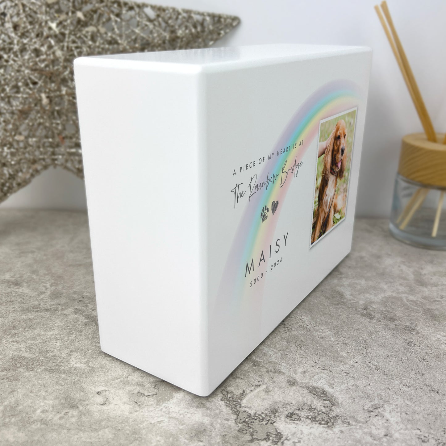 Personalised Soft Rainbow Bridge Photo Cremation Urn For Pets Ashes | 1.09 Litres