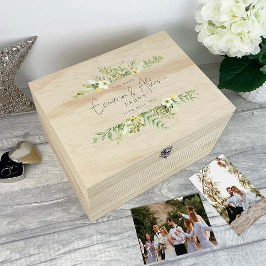 Personalised Wooden Green & Yellow Floral Wedding Keepsake Memory Box - 5 Sizes (16cm | 20cm | 26cm | 30cm | 36cm)