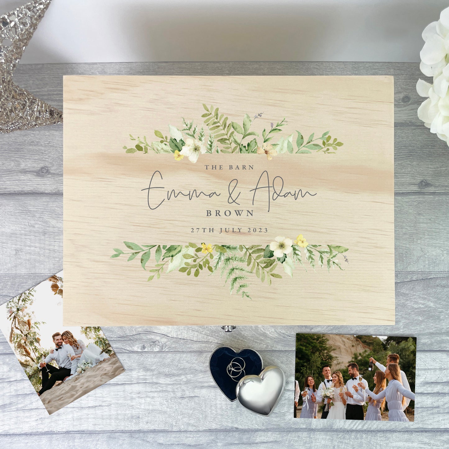 Personalised Wooden Green & Yellow Floral Wedding Keepsake Memory Box - 4 Sizes (20cm | 26cm | 30cm | 36cm)