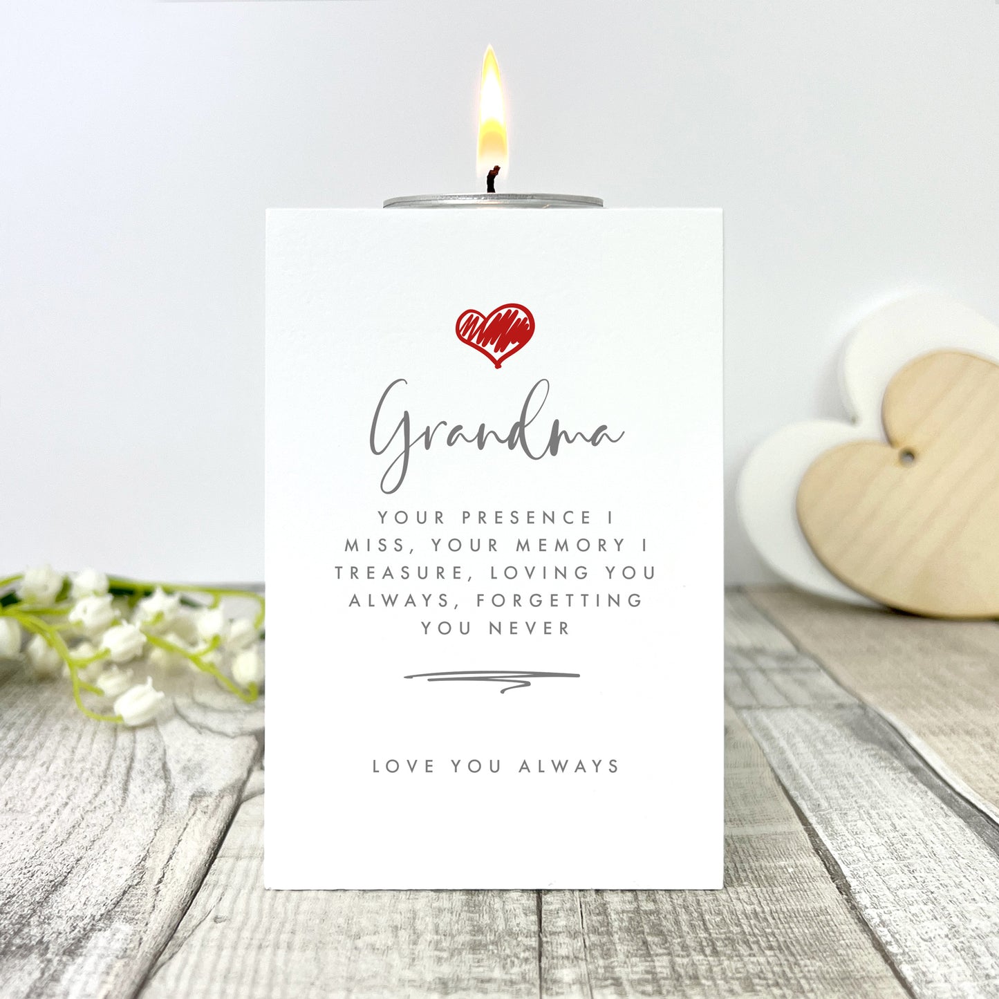 Personalised Any Message Red Heart White Wooden Tea Light Holder