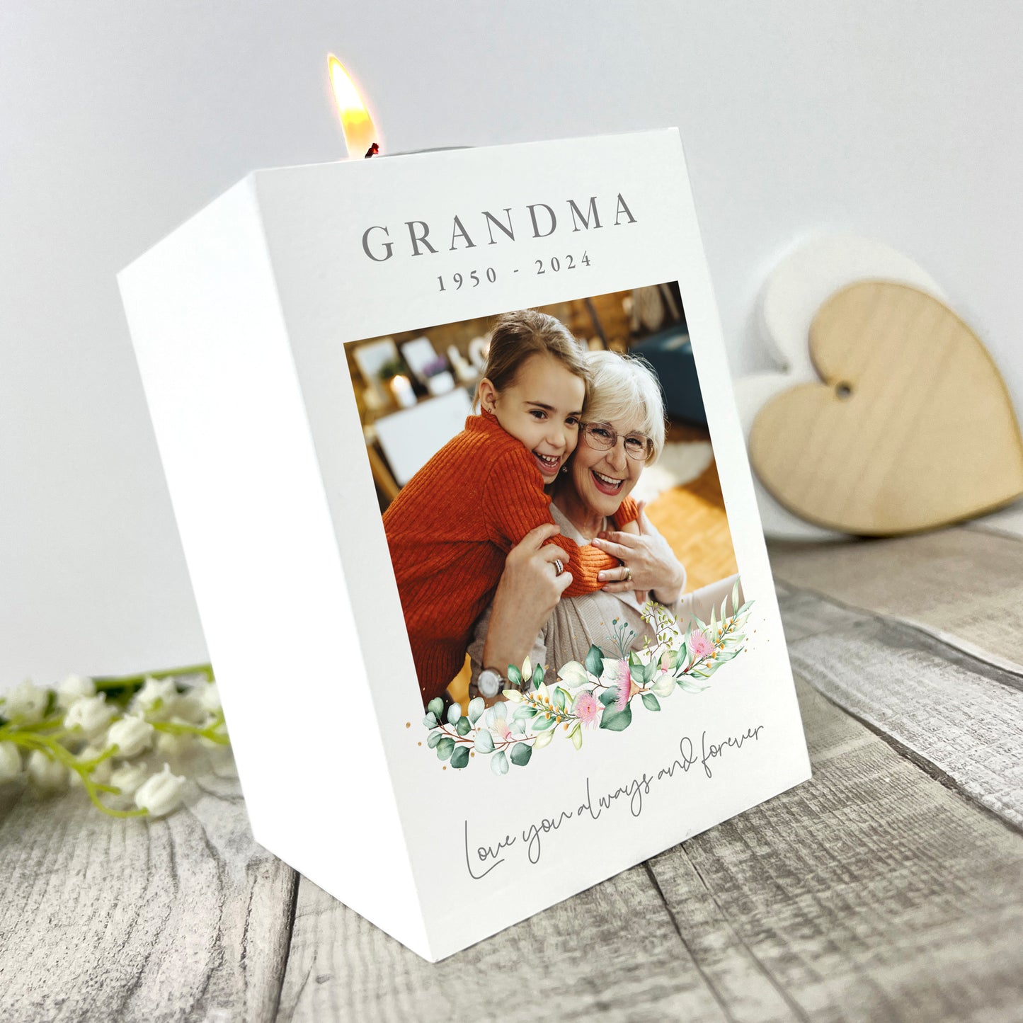 Personalised Memorial Floral White Wooden Photo Tea Light Holder